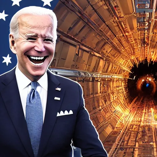 Prompt: The monster Joe BIDEN crawling out of The Large Hadron Collider at cern with a bunch of demons behind him