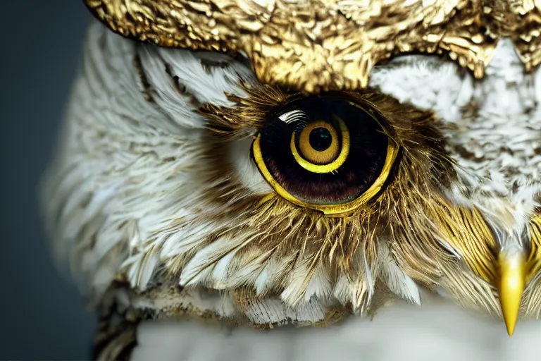 Prompt: the eye of an owl with golden feathers, hyperrealistic, many details, 3d render, octane, cinematic, macro photography