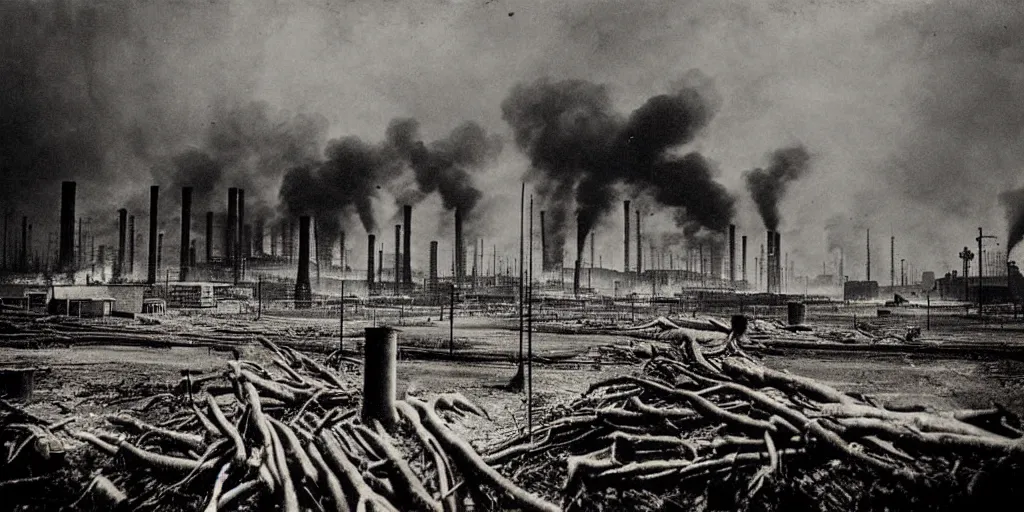 Prompt: industrial city destroying nature, 1 9 2 0 s spirit portrait photography, smoking chimneys, burning trees, cleared forest, huge industrial buildings, eerie, dark, by william hope