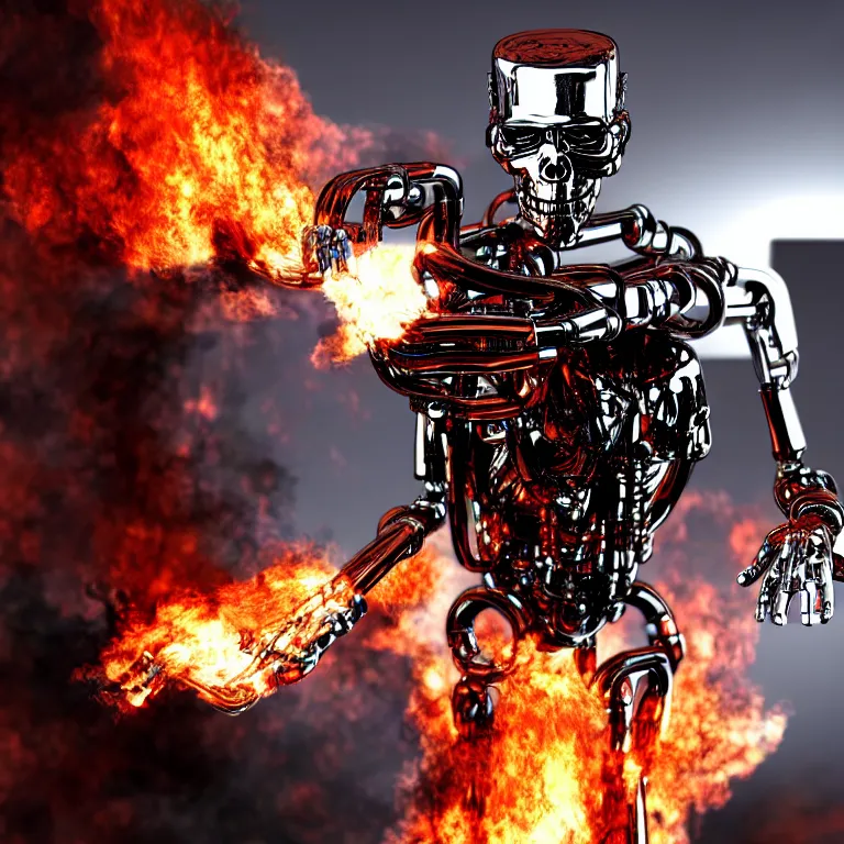 Image similar to terminator endoskeleton with fire behind it movie still, chrome, shiny, reflective, metallic, 3 d render, realistic, hdr, stan winston studios, dramatic lighting, flame colors bright,