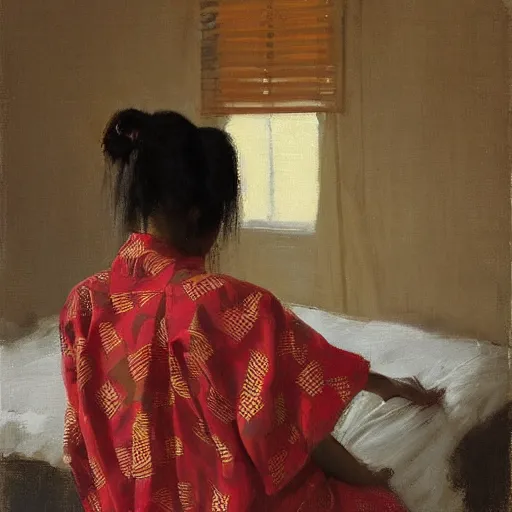 Image similar to girl with pigtails, in african print kimono, backview, bare back, sitting on edge of bed, by jeremy lipking, tim rees, joseph todorovitch