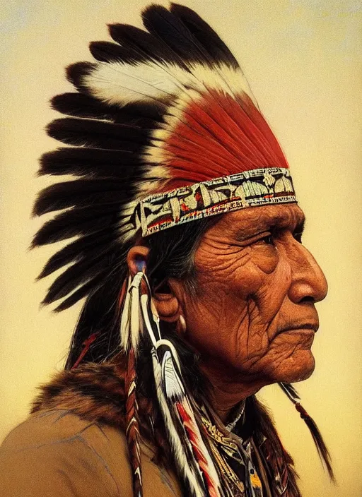 Prompt: native american grand chief, highly detailed, portrait, digital painting, trending on artstation, concept art, sharp focus, illustration, by edward s. curtis, by norman rockwell