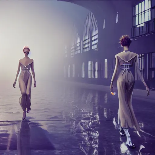 Image similar to Fashion Catwalk!! on a platform in an Angelic Floating City in the Clouds, Fashion Photography, Hyperrealistic, Intricate Details, Raytracing, Volumetric Lighting, Lightshafts, Smooth Gradients, Unreal Engine 5, Photorealism, Concept Art