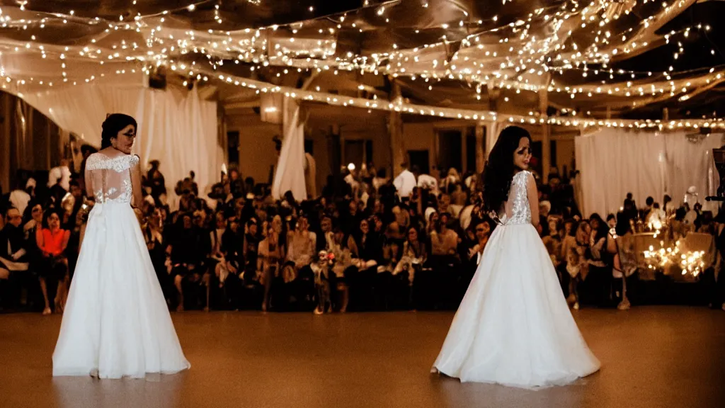 Prompt: a back view of a bride in a wedding dress looking at a dancing stage with bokeh light effect in the background