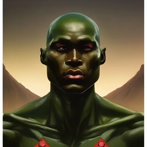 Prompt: martian manhunter portrait, dramatic light, lake background, 2 0 0 mm focal length, painted by stanley lau, painted by greg rutkowski, painted by stanley artgerm, digital art, trending on artstation