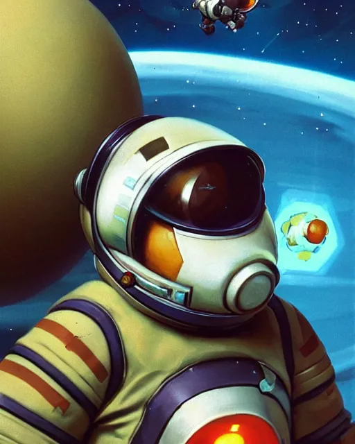 Image similar to wrecking ball the hamster from overwatch, dressed as an astronaut, character portrait, portrait, close up, concept art, intricate details, highly detailed, vintage sci - fi poster, retro future, in the style of chris foss, rodger dean, moebius, michael whelan, and gustave dore