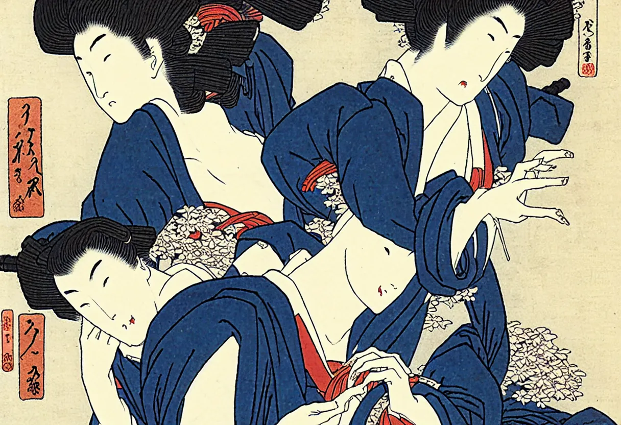 Prompt: beautiful woman by hokusai