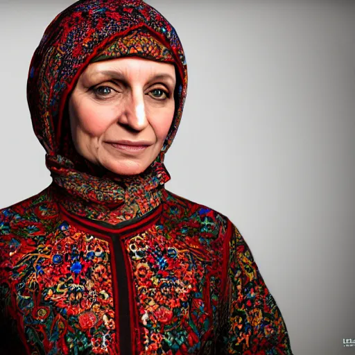 Prompt: Iranian Michelle Houellebecq wearing traditional persian clothes, realistic, photo studio, HDR, 8k, trending on artstation