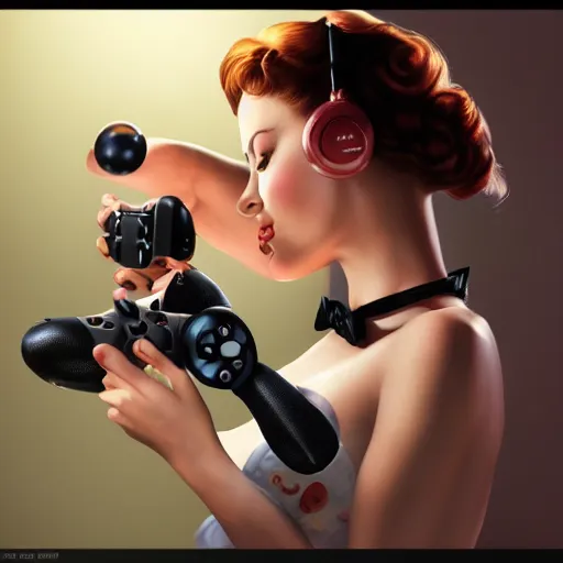 Image similar to a photorealistic artwork of a pin up girl playing with a videogame controller, by Alberto Vargas, highly detailed and intricate, cinematic lighting 4k