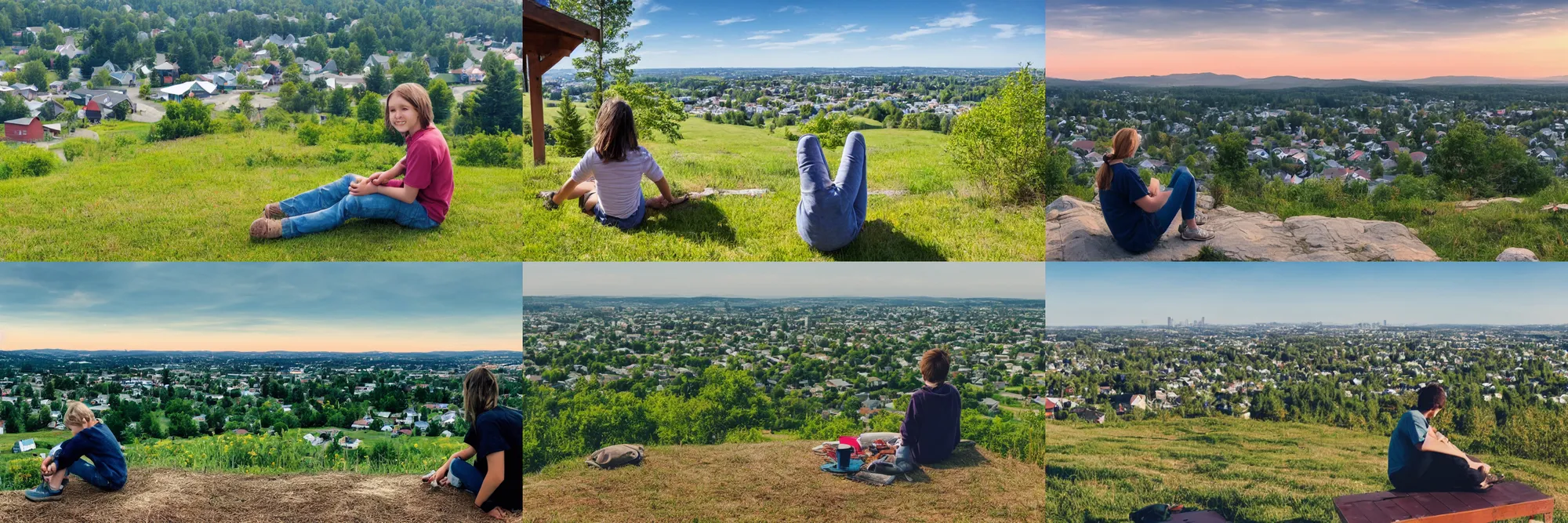 Prompt: cottagecore of a student sitting on a hilltop overlooking a suburban neighborhood on a peaceful morning