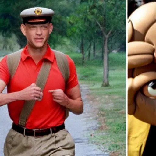 Image similar to Tom Hanks as forrest gump has giant shrimp heads instead of hands, hyper realistic, 8k resolution, amazing detail