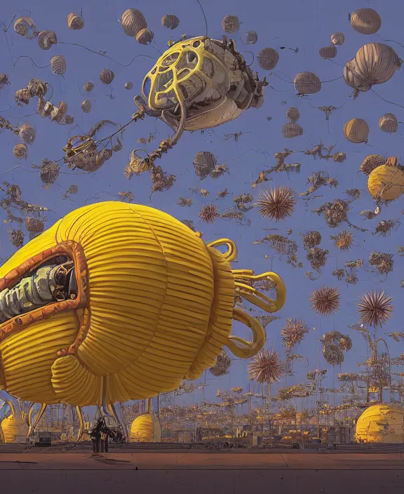 Image similar to inflated industrial plant made from obese isopod urchin octopus, in the style of puffy spaceship, skeletons, bones, partly cloudy, spooky, dramatic lighting, by geof darrow, bill sienkiewicz, dan mumford, yusuke murata, makoto shinkai, ross tran, cinematic, unreal engine, cel shaded, featured on artstation, pixiv
