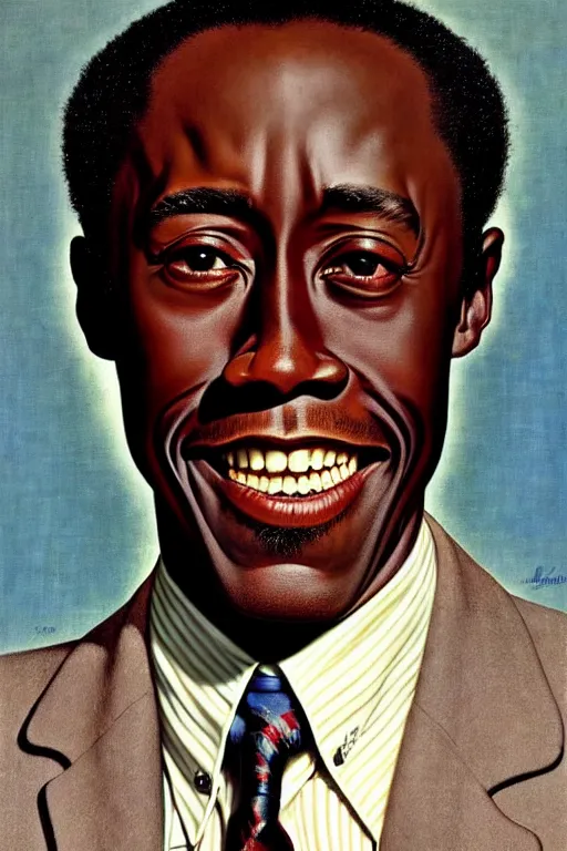 Image similar to don cheadle by gil elvgren and norman rockwell and rob gonsalves and hajime sorayama, hyperrealistic, high detail, ultra detailed, highly detailed face, ruffled fabric