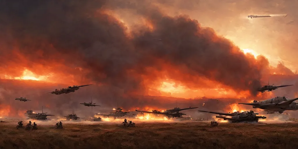 Prompt: the normandy landings, d - day, 1 9 4 5, sunset, chaos, smoke, fire, soldiers charging in, airplanes fighting in the sky, destroyed tanks, highly detailed, wide shot, sadness, cinematic, ultra realistic, ray tracing, painting by jessica rossier and ivan shishkin