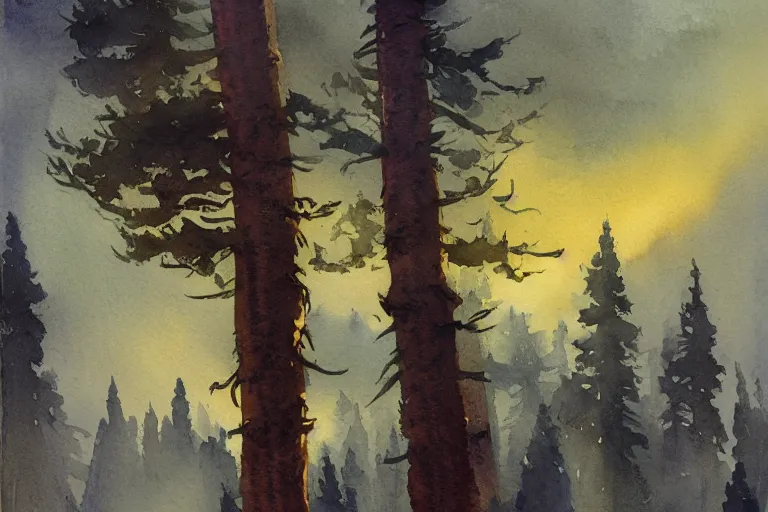 Prompt: small centered on watercolor paper, paint brush strokes, abstract watercolor painting of silver village nightfall, pine trees, viking mythology, cinematic light, american romanticism by hans dahl, by jesper ejsing, by anders zorn, by greg rutkowski, by greg manchess, by tyler edlin