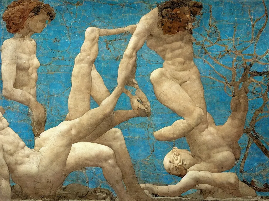 Image similar to broken, ruined marble greek sculpture the head of apollo lying in the sand, tree. lapis - lazuli, turquoise, malachite, cinnabar, earth brown. painting by piero della francesca, balthus, agnes pelton