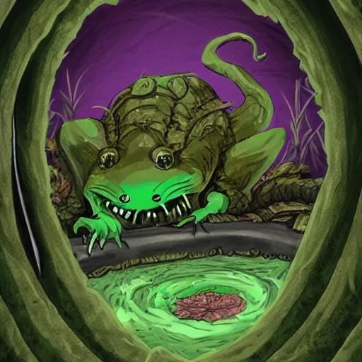 Prompt: eldritch abomination rat in a toxic sewer with a river of green waste art by greg rutowski