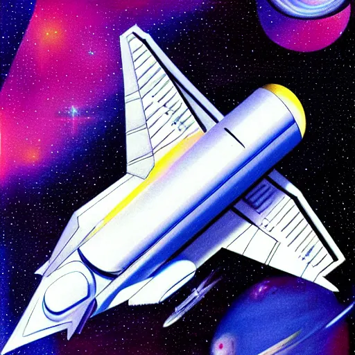 Image similar to airbrush illustration for omni magazine of the space shuttle, sliver blue and pink colors, illustration, airbrush, magazine cover, vivid, retro, grainy, masterpiece, glow, paper texture