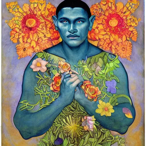 Image similar to the flower prince, by Annie Swynnerton and Nicholas Roerich and Diego Rivera, bioluminescent skin, tattoos, wings made out of flowers, elaborate costume, geometric ornament, symbolist, cool colors like blue and green and violet, smooth, sharp focus, extremely detailed