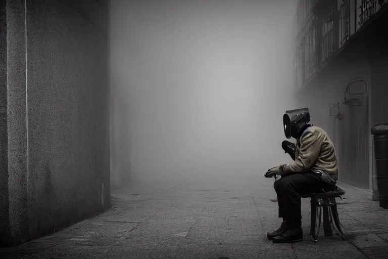 Image similar to street photography of man in gas mask sitting in a foggy alley By Emmanuel Lubezki