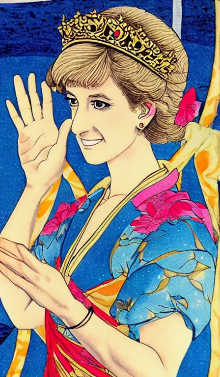 Prompt: anime llustration of princess diana, drawn by yoshitoshi abe, oil painting, washed out color,