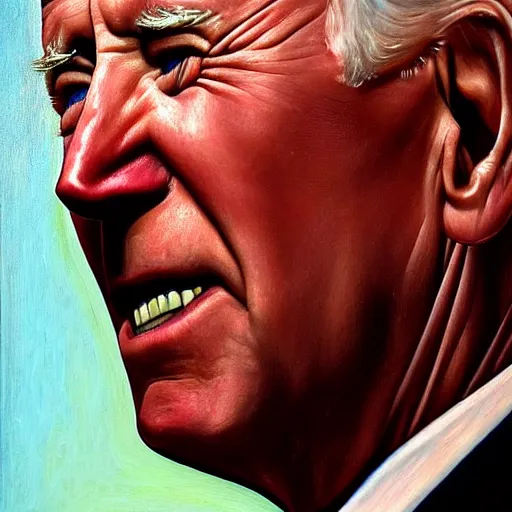 Image similar to Highly detailed close-up painting of President Joe Biden’s face, slight smirk, single tear rolling down his cheek, dark background, reflection of fire in his eyes, oil on canvas, painting by Chuck Close in the style of Hans Memling