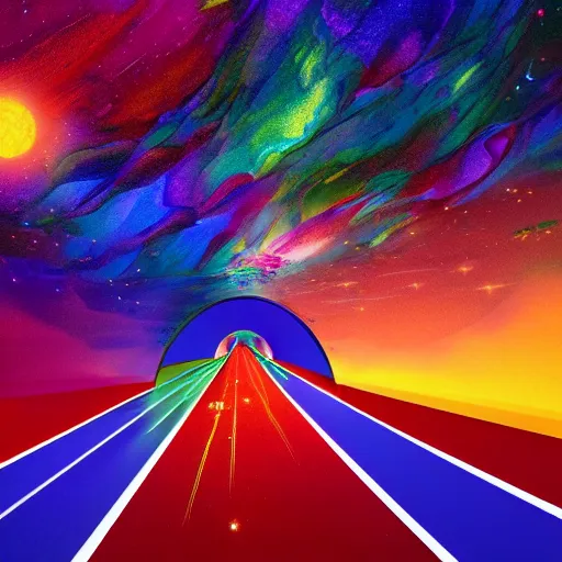 Image similar to interior of cosmic highway created by the gods, beautiful colors, bold architecture, detailed, 4 k