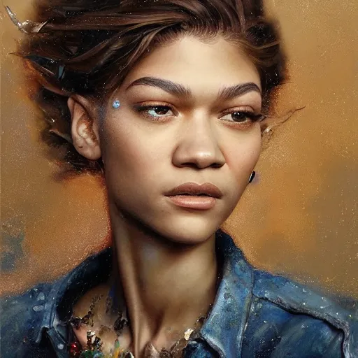 Image similar to hyperrealistic mixed media high resolution image of zendaya, oil painting, art by jamie salmon and istvan sandorfi and greg rutkowski, dim volumetric lighting, extremely hyperdetailed, intricate, highly detailed attributes