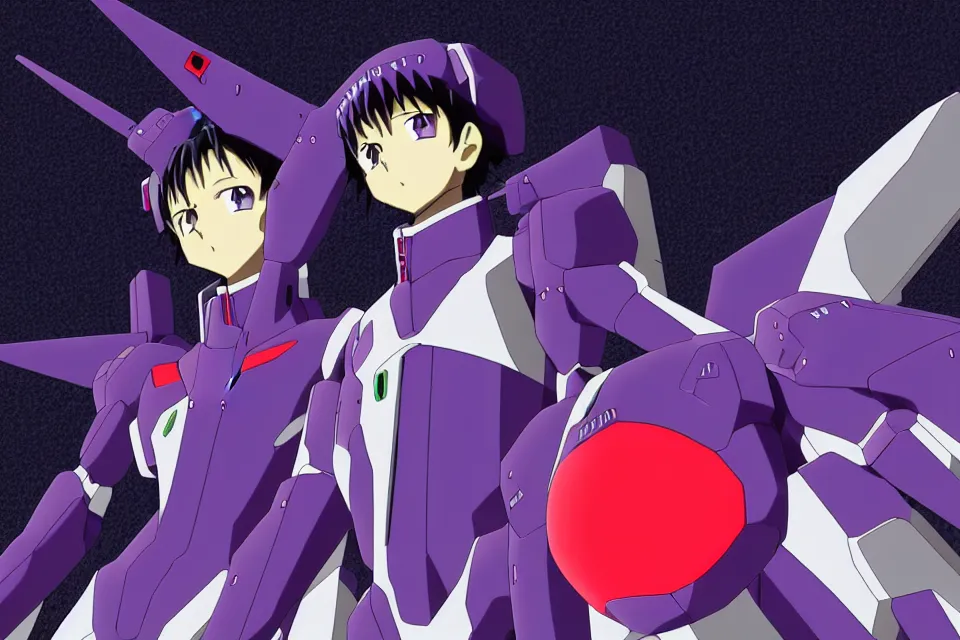 Image similar to anime illustration of black detailed lonely evangelion eva - 0 1 standing menacingly behind ikari shinji who is wearing a plugsuit, cinematic lighting, evangelion anime poster, rebuild of evangelion 1 0 8 0 p, 9 0 s anime aesthetic, volumetric lights, rule of thirds, unreal engine render, pinterest wallpaper, trending on artstation