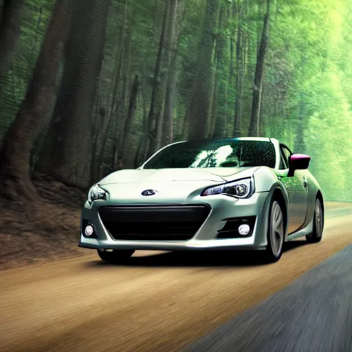 Prompt: Subaru BRZ driving down a beautiful forest road, cinematic, motion blur, high resolution, sharp, detailed, commercial, advertisement,