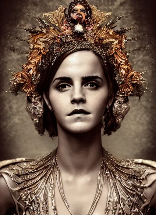 Prompt: expressive full body photo of a emma watson, ornate headpiece made from knives, ornaments, glamour shot, by karol bak, by stefan gesell, photorealistic, canon r 3, fashion photography, hyper maximalist, elegant, ornate, luxury, elite, environmental portrait, symmetrical features, octane render, unreal engine, solid dark grey background, dramatic lights