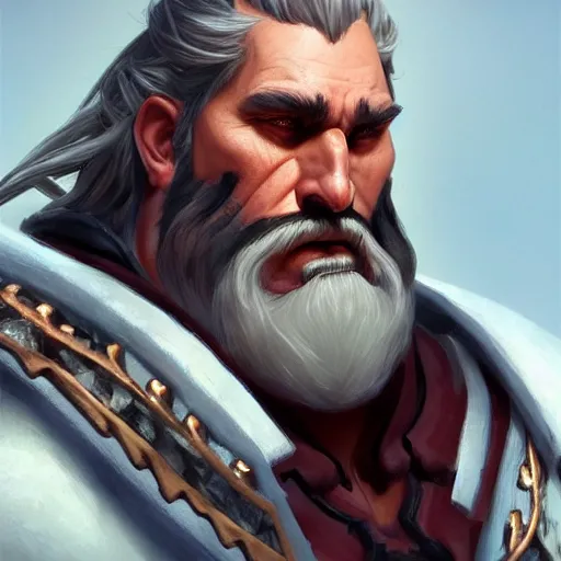 Image similar to dark fantasy character portrait of a huge muscular tall giant Reinhardt from Overwatch, long white hair and beard, a red scar over his left eye, intricate, wild, highly detailed, digital painting, artstation, upper body, concept art, smooth, sharp focus, illustration, art by artgerm and greg rutkowski and alphonse mucha