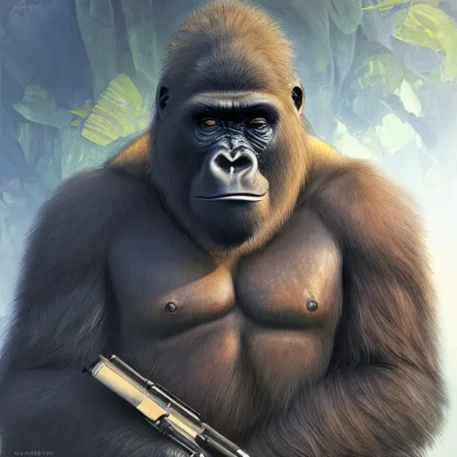 Image similar to detailed science - fiction character portrait of a gorilla with a gun, wild, highly detailed, digital painting, artstation, concept art, smooth, sharp focus, illustration, art by artgerm and greg rutkowski and alphonse mucha