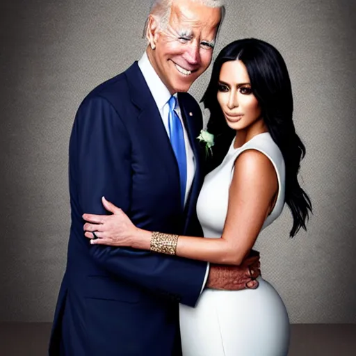 Image similar to professional photograph of Joe Biden and Kim Kardashian getting married, highly detailed, highly intricate, 8k,