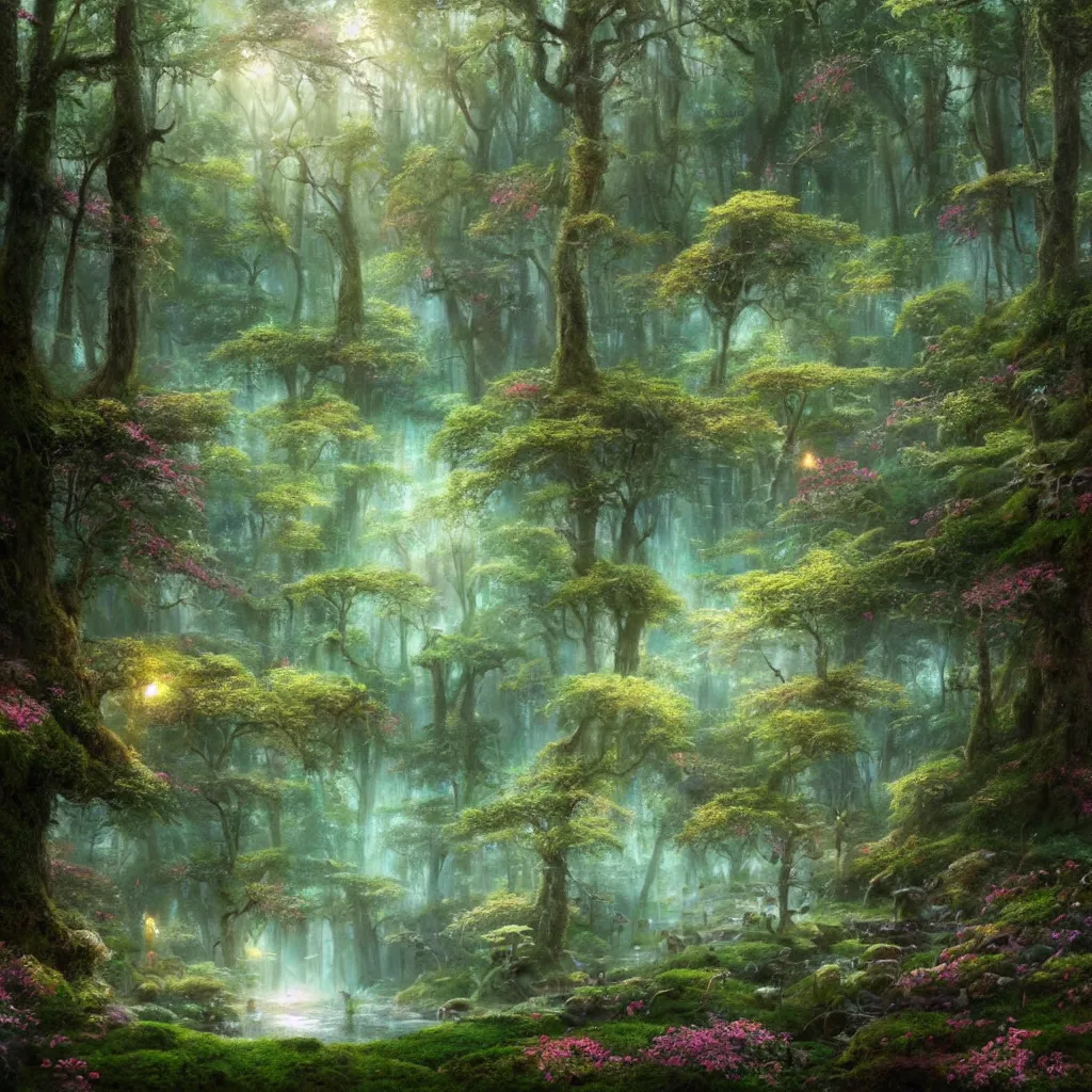 Prompt: A wide shot by an extremely high resolution digital camera of an enchanted forest is shown. Genetically modified magic moss, covering the ground, with a barely seen lake beneath it. Rare, magically glowing, incredible flowers are seen all glowing over the landscape. Rare rays of the moonlight are sparkling the dew drops. Greg Rutkowski and Thomas Kinkade. Trending on Artstation.