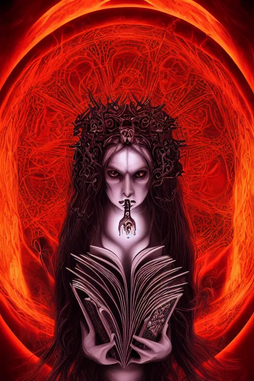 Image similar to ai illustration of demoness and her book of necronomicon, symmetrical, cinematic, sharp focus, 4 k, ultra hd, sense of awe, sinister demonic atmosphere, dreadful, forbidden knowledge, old gods. demonology journal cover