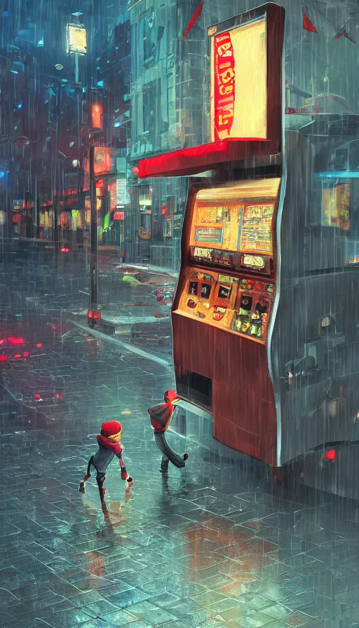 Prompt: videogame cabinet begging for coins in the rain, sharp focus, james gilleard, cinematic, game art, extremely detailed digital painting, print