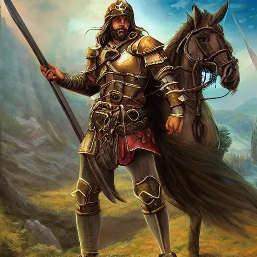 Prompt: a heroic warrior from a fantasy world, standing in front of a beautiful scenery, highly detailed, masterpiece