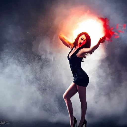 Prompt: action photography, perfect gorgeous beautiful young woman in a sexy dress and high heels firing a machine gun at scary zombies, muzzle flash, intense lighting, intense shadows, diffusion mapping, 8 k - s 2 2 6 9 7 2 0 9 5 5