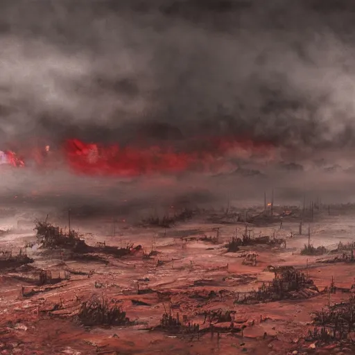 Image similar to hyper realism, realistic apocalyptic war scene, brown and red tones, dense fog