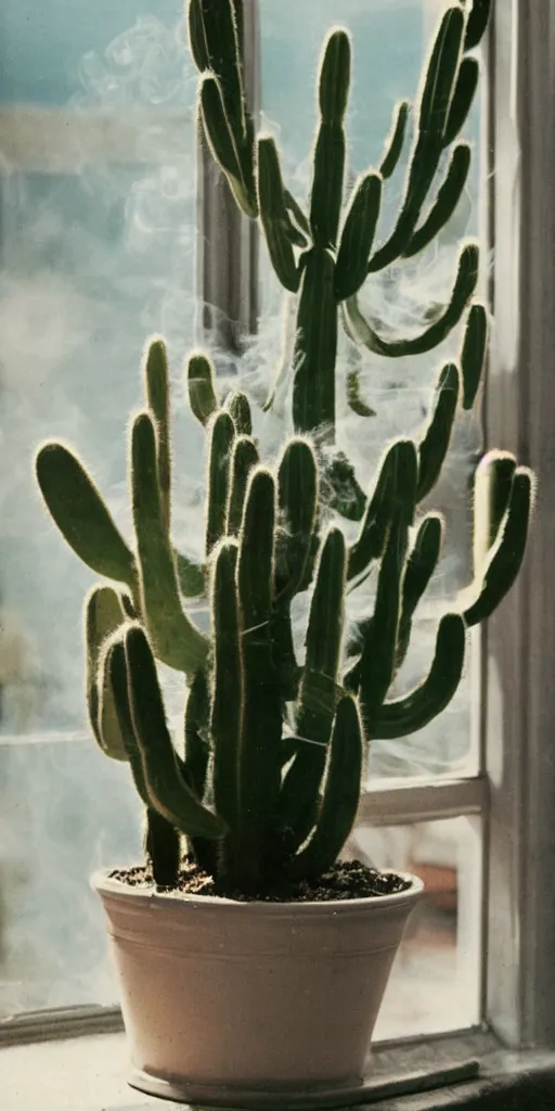 Prompt: 1980s magazine photo of potted cactus and smoke next to a window with dappled natural light