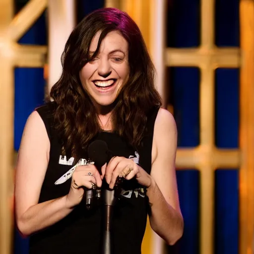 Image similar to 3 8 - year - old, short height, standup comedian, female, jewish irish and italian descent, thin, on stage, laughing, telling jokes