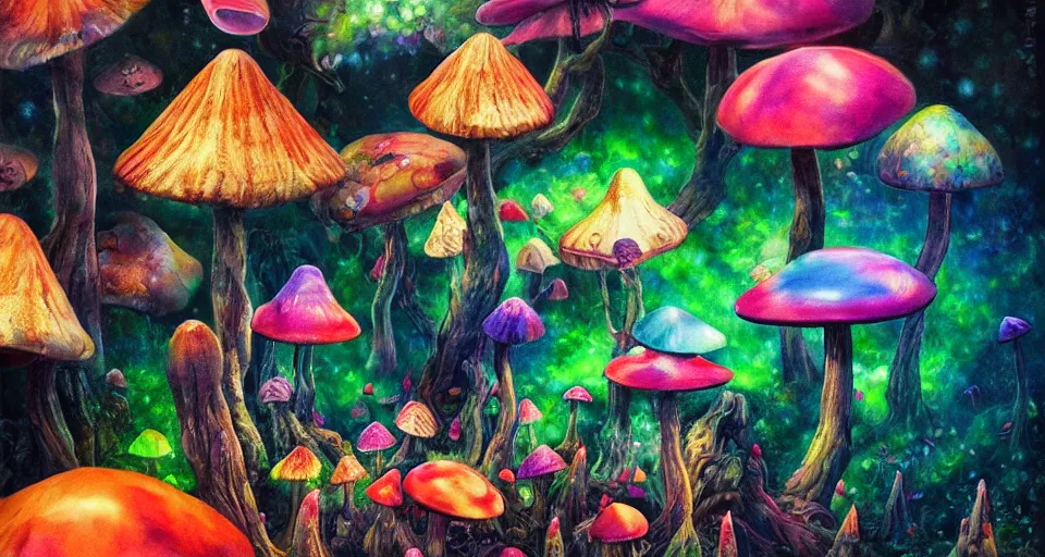 Image similar to a beautiful painting of trippy mushrooms by Tokio Aoyama, Mario Martinez, David Normal. photorealistic, trending on artstation, dramatic lighting, 8K, fantasy beautiful, surreal, cinematic.