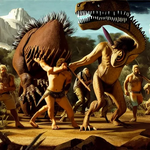 Image similar to A large dinosaur fighting with several realistic detailed cavemen with proportioned bodies, next to the dinosaur are cavemen, one caveman wearing animal furs is stabbing the dinosaur with his spear, one caveman wearing animal furs is cowering in fear, coarse canvas, visible brushstrokes, intricate, extremely detailed painting by Giorgione (and by Greg Rutkowski)