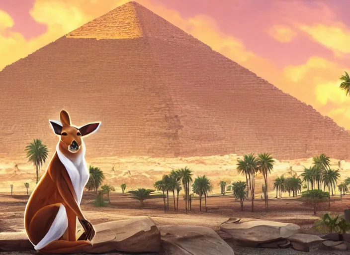 Prompt: a professional portrait, of an anthropomorphic kangaroo sitting outside of an ancient egyptian pyramid, tropical palm trees and eucalyptus trees everywhere, rocky desert cliffs in background, sunset, sunrays, cinematic lighting, ancient egyptian architecture buildings, detailed, artstation