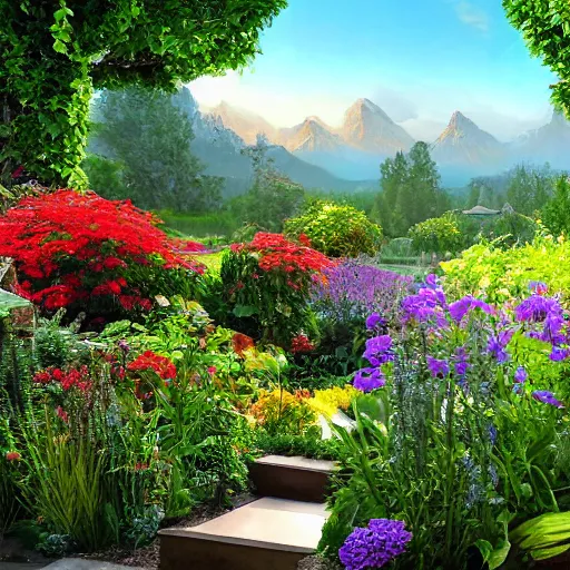 Image similar to Sky patio with luscious fantasy garden, mountains in teh distance, hidden grove, hd, detailed