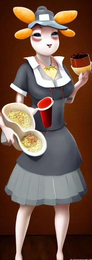 Prompt: beautiful female sheep anthropomorphic working as a waitress, digital art, cartoon, hyper detailed