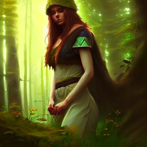 Image similar to a pretty female druid surrounded by forest animals, digital painting, photorealistic, in the style of greg rutkowski, highly detailed, realistic