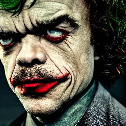 Image similar to stunning awe inspiring peter dinklage as the joker, movie still 8 k hdr atmospheric lighting