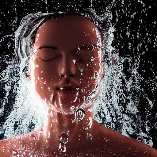 Image similar to water splashes forming a shape of a human head, water manipulation art, ray tracing, realistic water sharp focus, long shot, 8 k resolution, cinematic